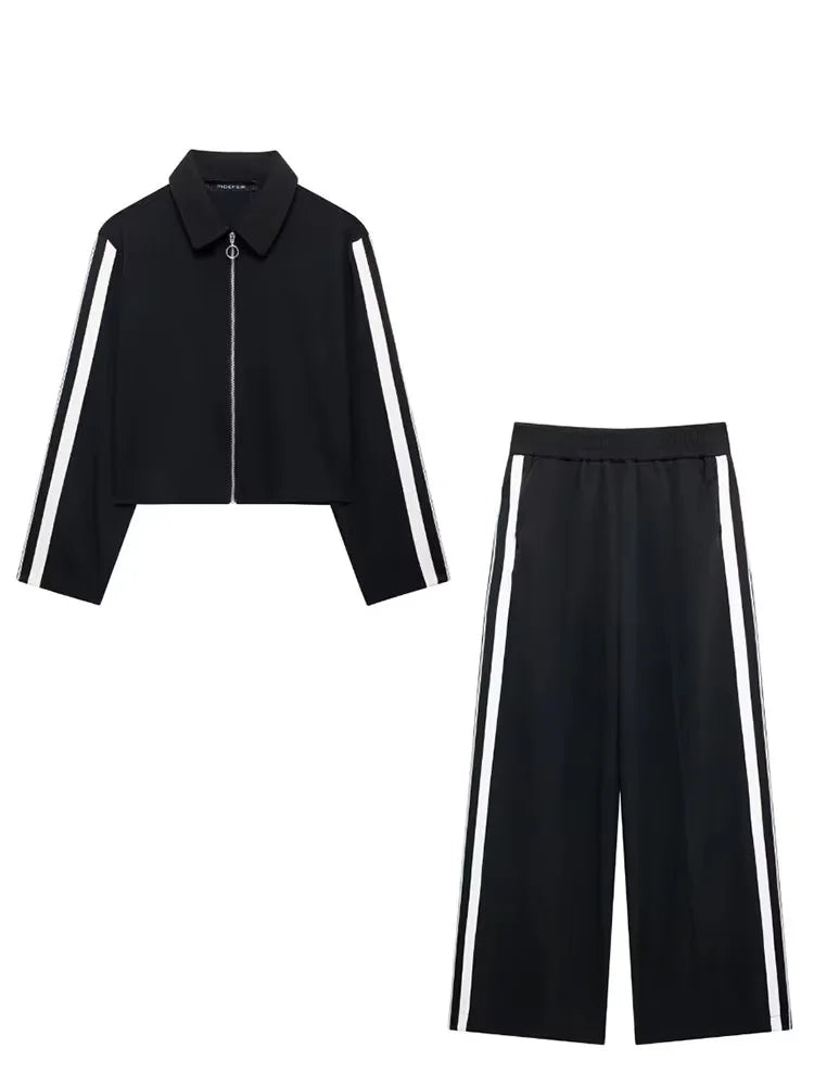 2024 New Women Casual Black Trousers Suits Sports Short Jacket + Female Vinatge Black White Patchwork Baggy Pants Street
