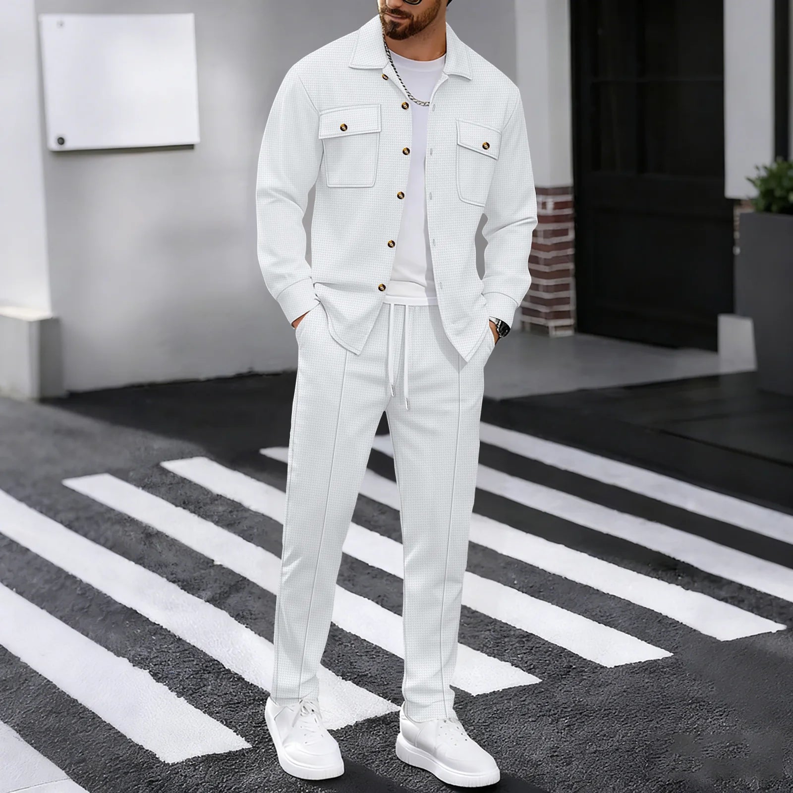 New Men's Four Seasons Outdoor Trendy Casual Waffle Solid Color workwear Button Pocket Coat Collar Top Pants Two Piece Set