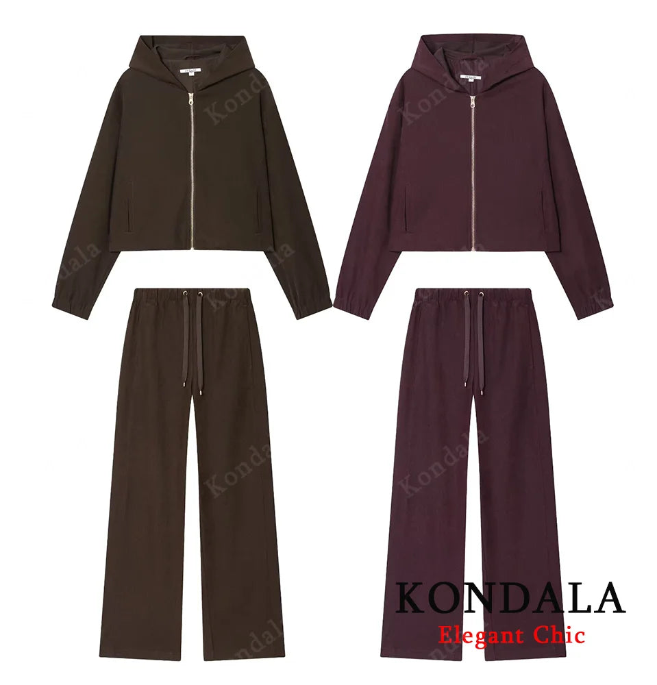 KONDALA Women Fall Casual Pant Set Hooded Pilot Jacket, Drawstring Pants 2025 Spring/Autumn Elegant Energetic Female Pant Set