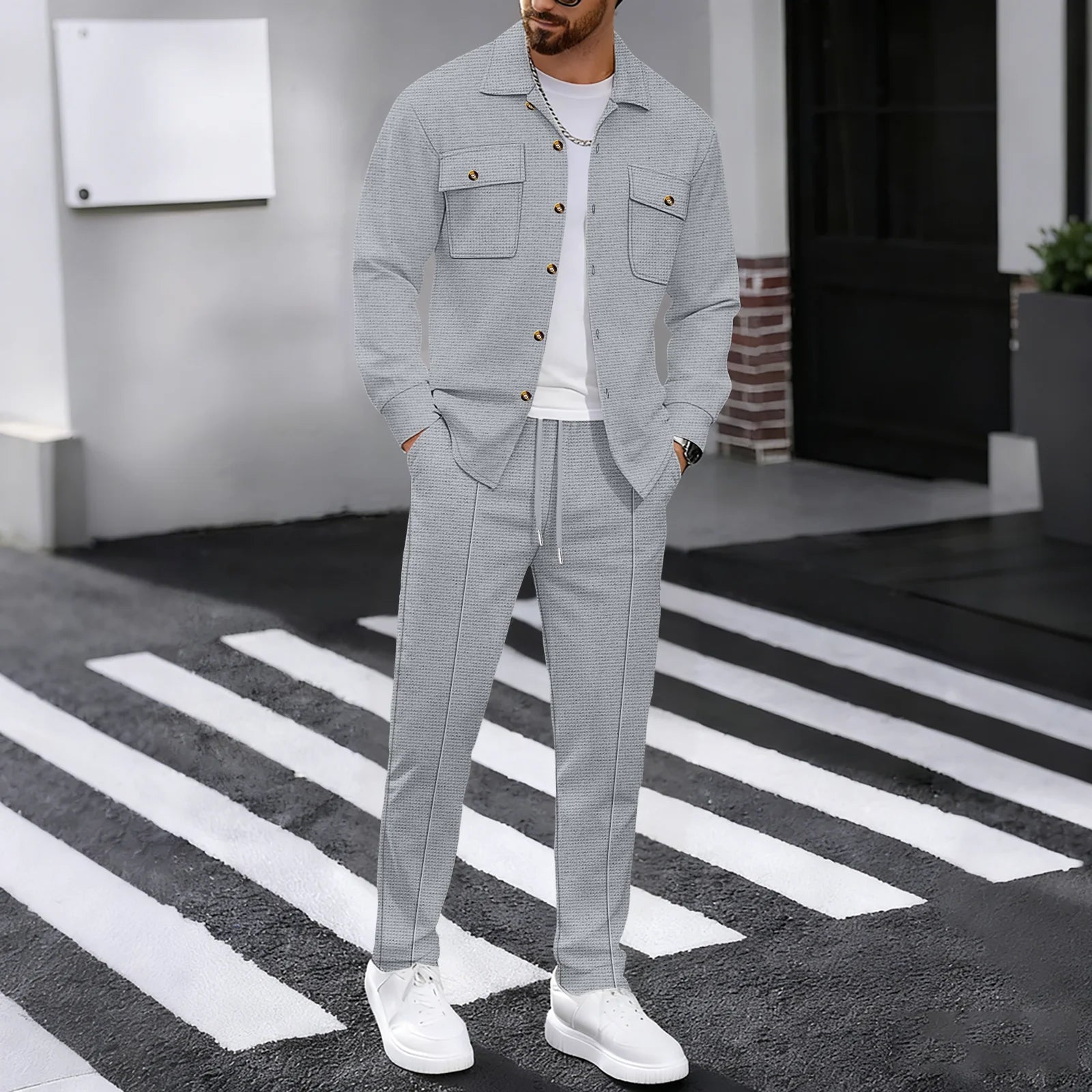 New Men's Four Seasons Outdoor Trendy Casual Waffle Solid Color workwear Button Pocket Coat Collar Top Pants Two Piece Set