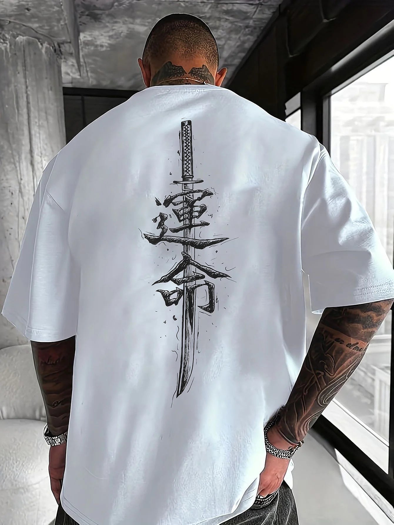 Men's summer 100% pure cotton fashionable casual loose Japanese samurai sword pattern printed round neck short sleeved T-shirt