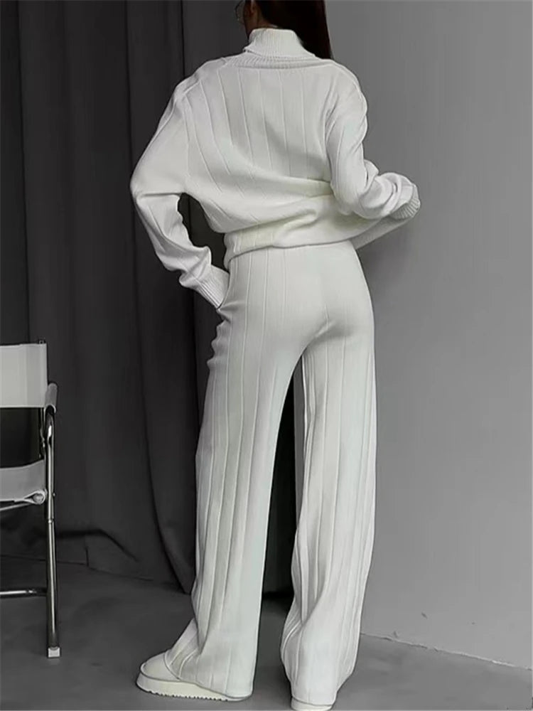 REALEFT Autumn Winter 2 Pieces White Women's Sets Knitted Tracksuit Turtleneck Sweater and Straight Jogging Pant Suits 2023 New