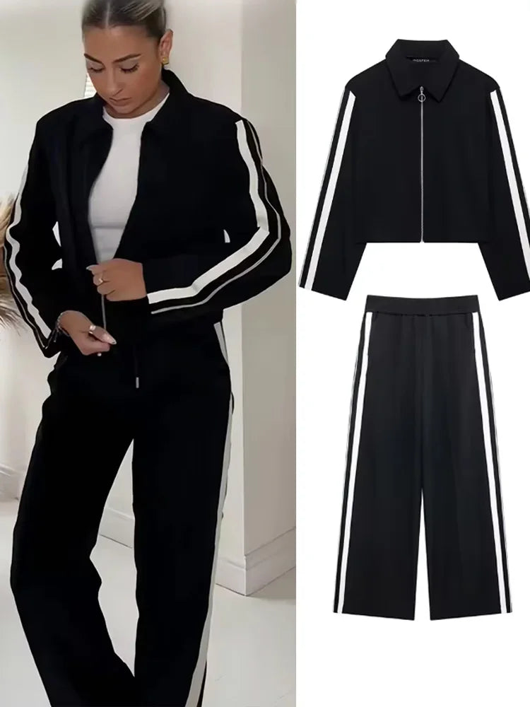 2024 New Women Casual Black Trousers Suits Sports Short Jacket + Female Vinatge Black White Patchwork Baggy Pants Street