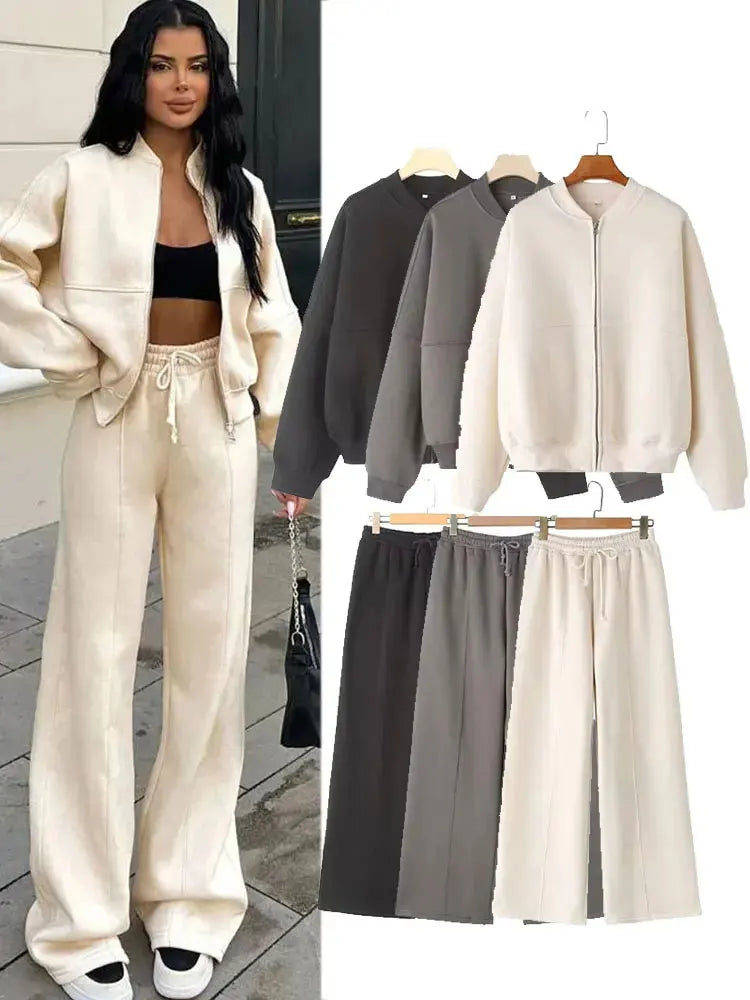 HH Women's Fall 2-Piece Retro Solid Color Zip Bomber Jacket Sweatshirt+High Waist Lace Up Women's Wide Leg Pants Street Wear