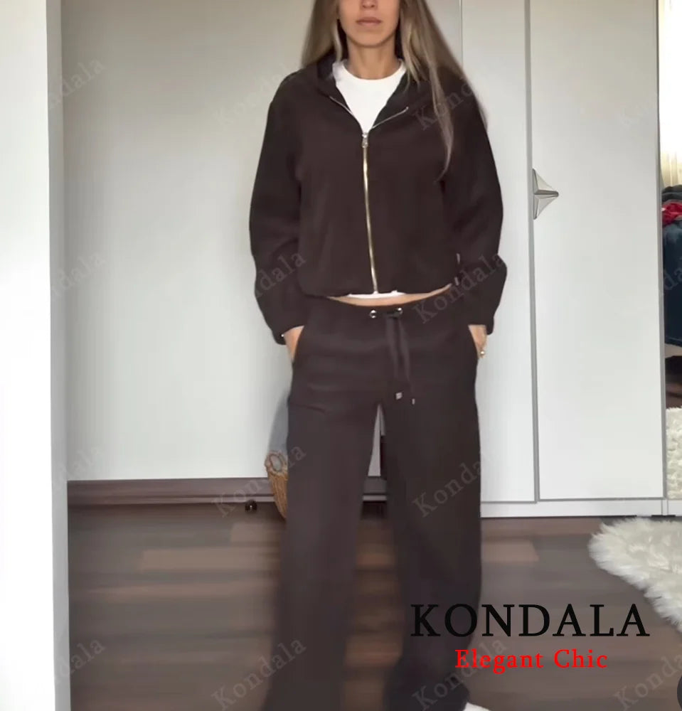 KONDALA Women Fall Casual Pant Set Hooded Pilot Jacket, Drawstring Pants 2025 Spring/Autumn Elegant Energetic Female Pant Set