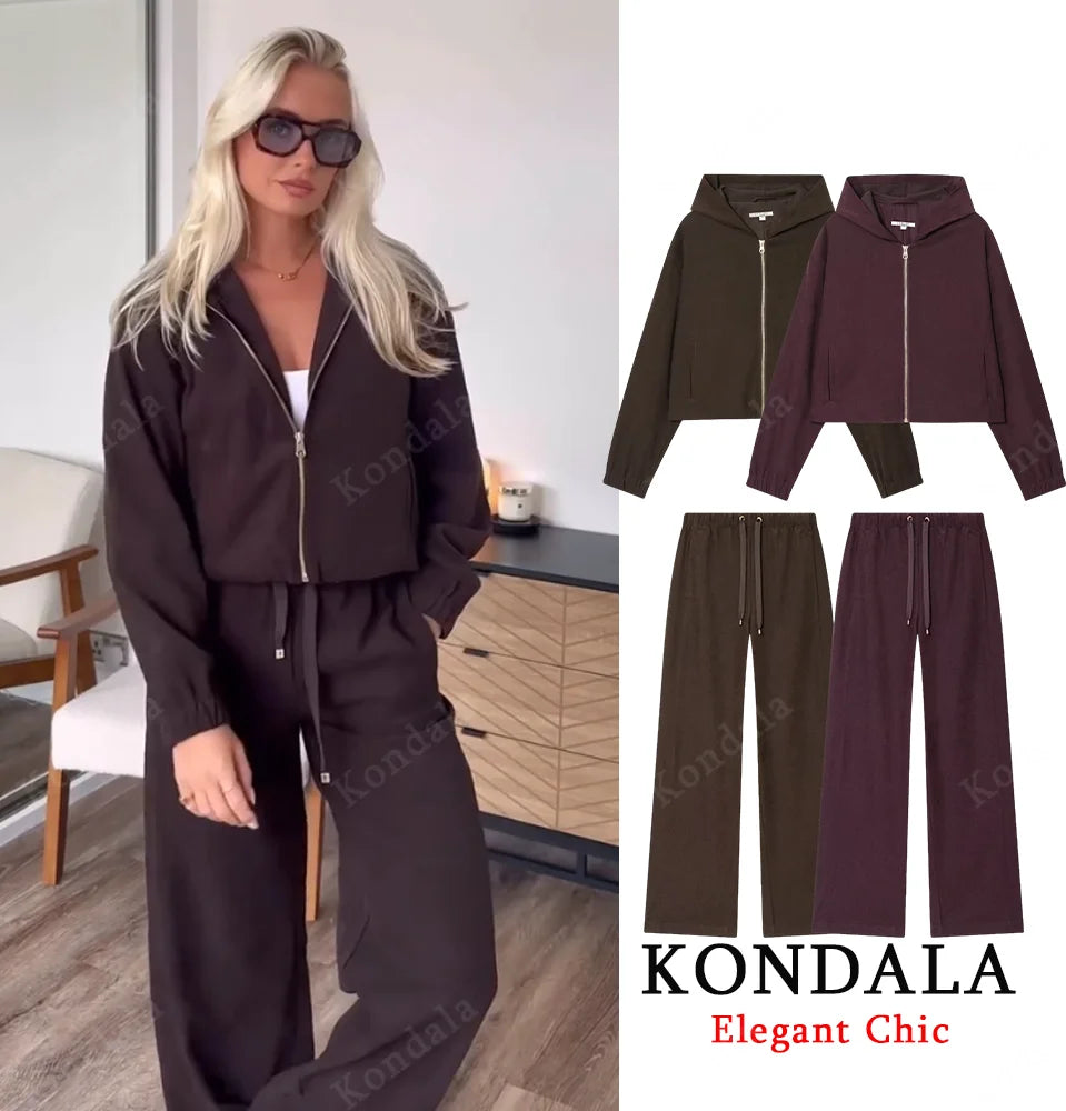 KONDALA Women Fall Casual Pant Set Hooded Pilot Jacket, Drawstring Pants 2025 Spring/Autumn Elegant Energetic Female Pant Set
