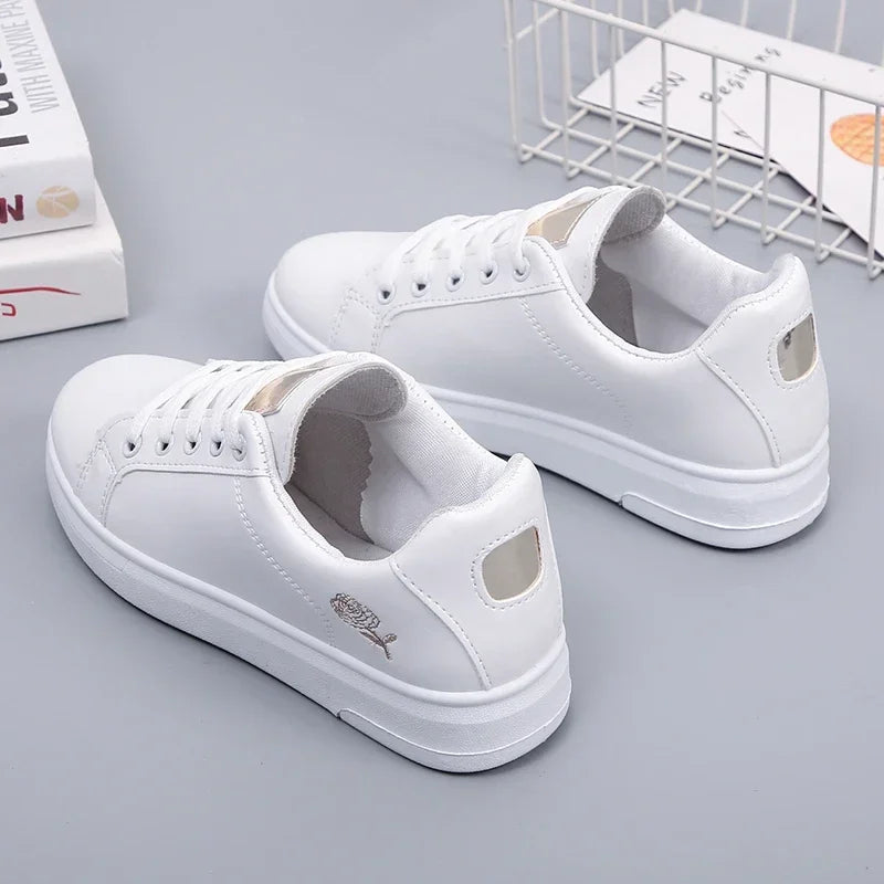Women Leather Pu Casual Shoes New 2024 Woman Shoes Fashion Embroidered White Sneakers Breathable Flower Lace-Up Women Sneakers