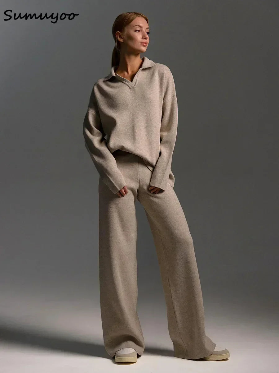Sumuyoo Winter Thick Women Knitted Suits Cashmere Soft 2 Pieces Sets Female Polo Neck Sweater & Wide Leg Pants Knitted Outfit