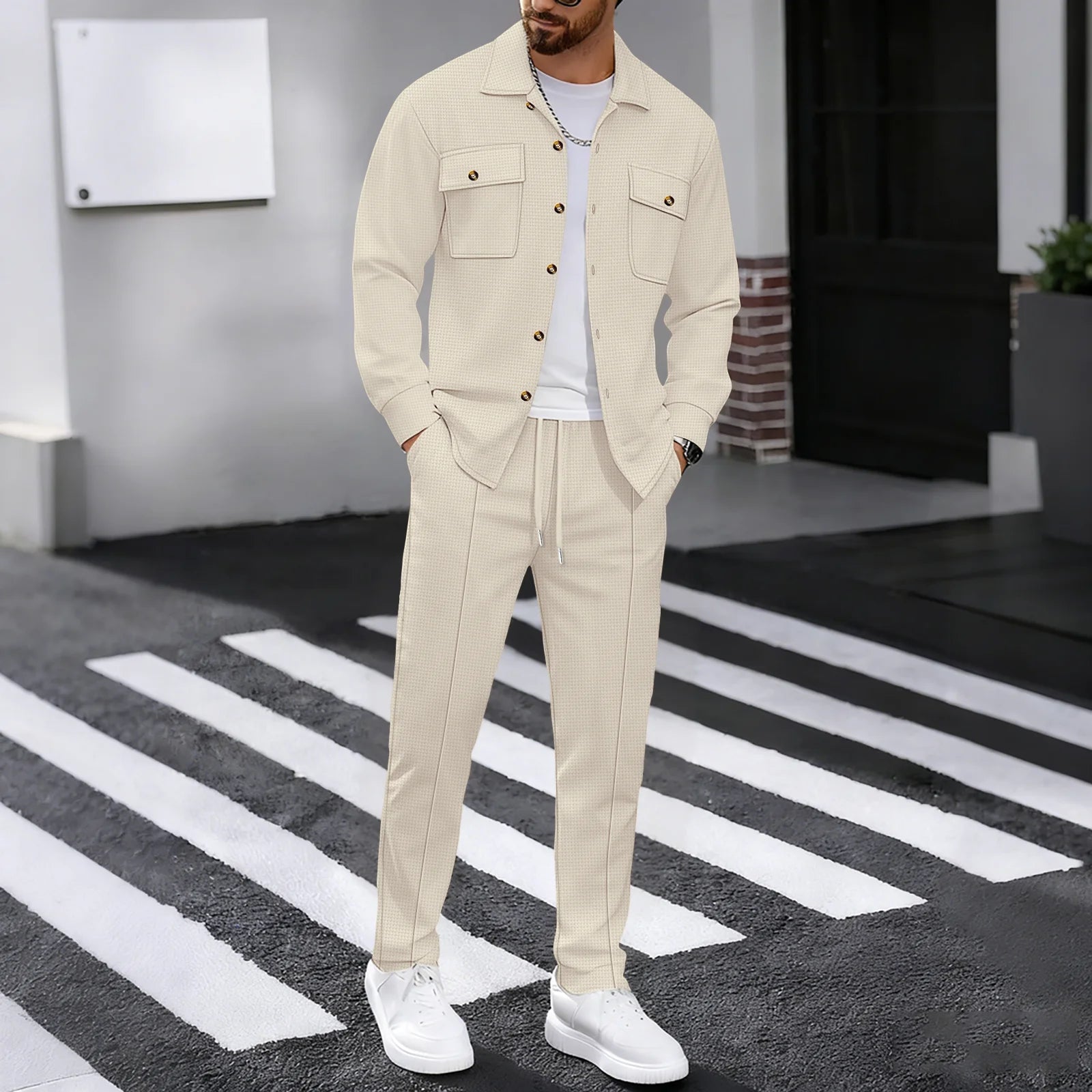 New Men's Four Seasons Outdoor Trendy Casual Waffle Solid Color workwear Button Pocket Coat Collar Top Pants Two Piece Set